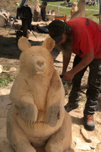 Sculpture sur bois d'un ours assis, taille moyenne, réalisée par Sébastien Steffen. L'ours regarde vers l'avant, avec une expression douce