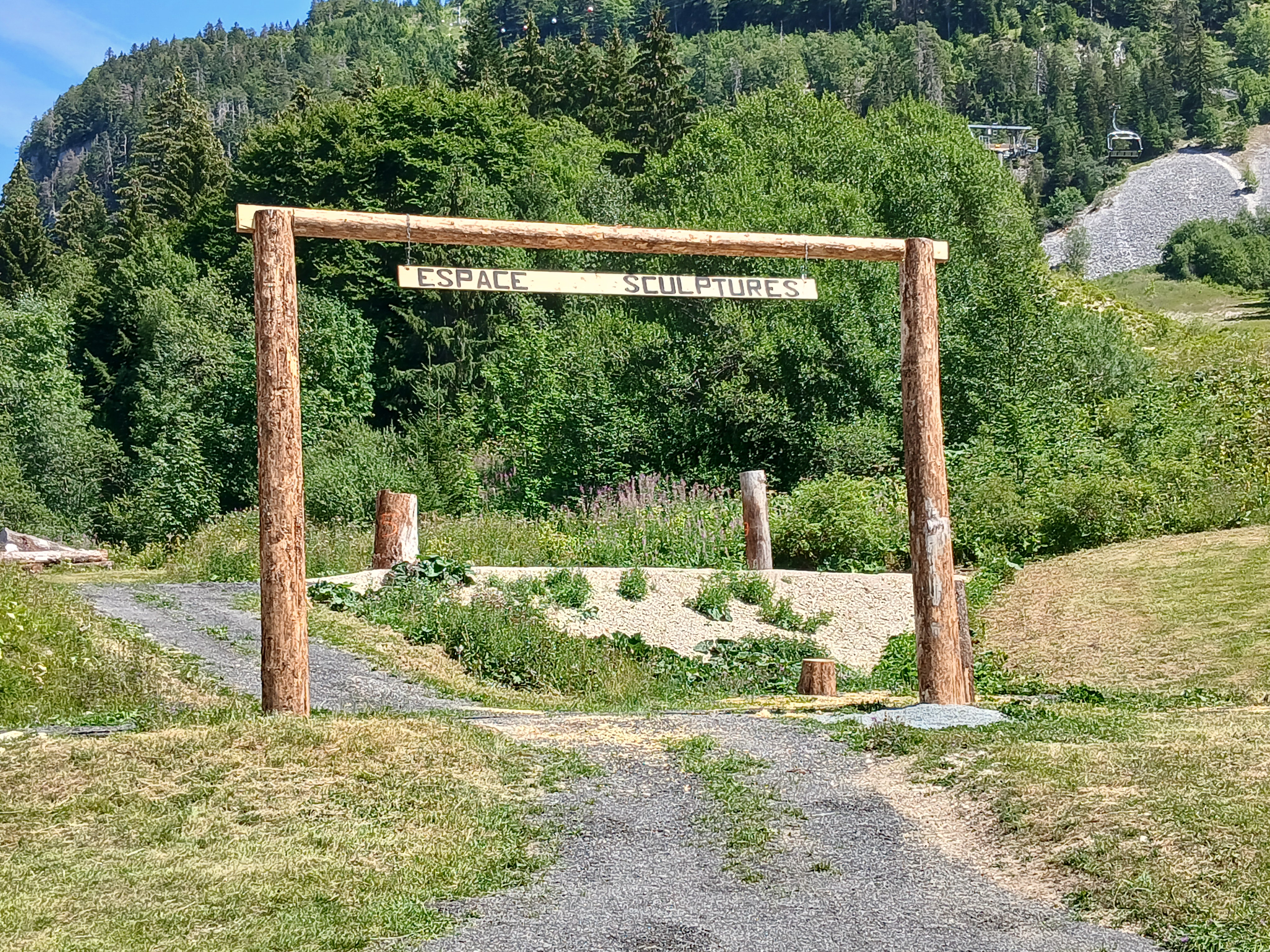 Vue d'un chemin de terre traversant une prairie de montagne verdoyante, menant à une arche d'accueil rustique en bois massif.