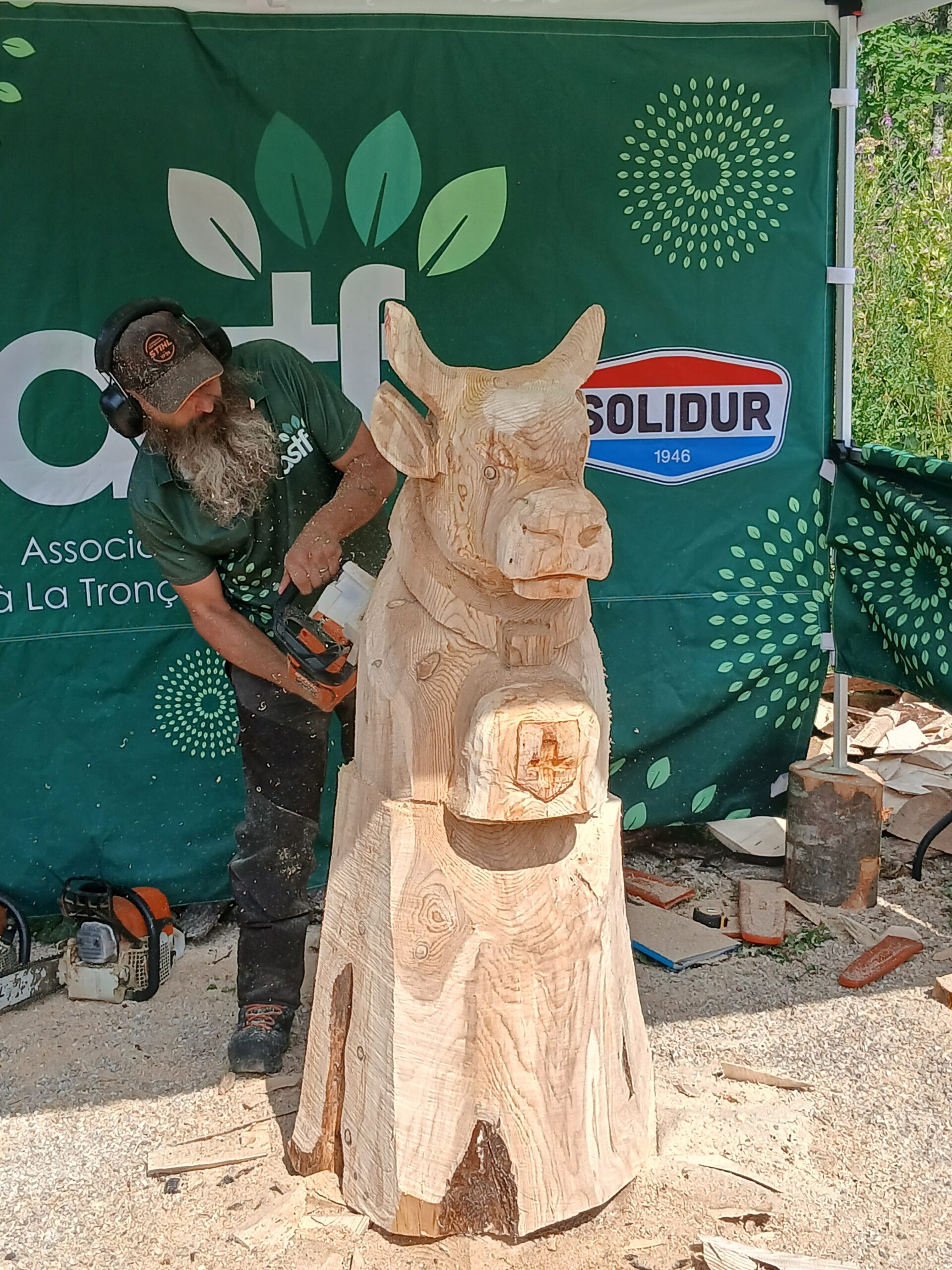 Sébastien Steffen, sculpteur à la tronçonneuse, sculpte une vache en direct devant un public lors de la fête des bûcherons à Mijoux.