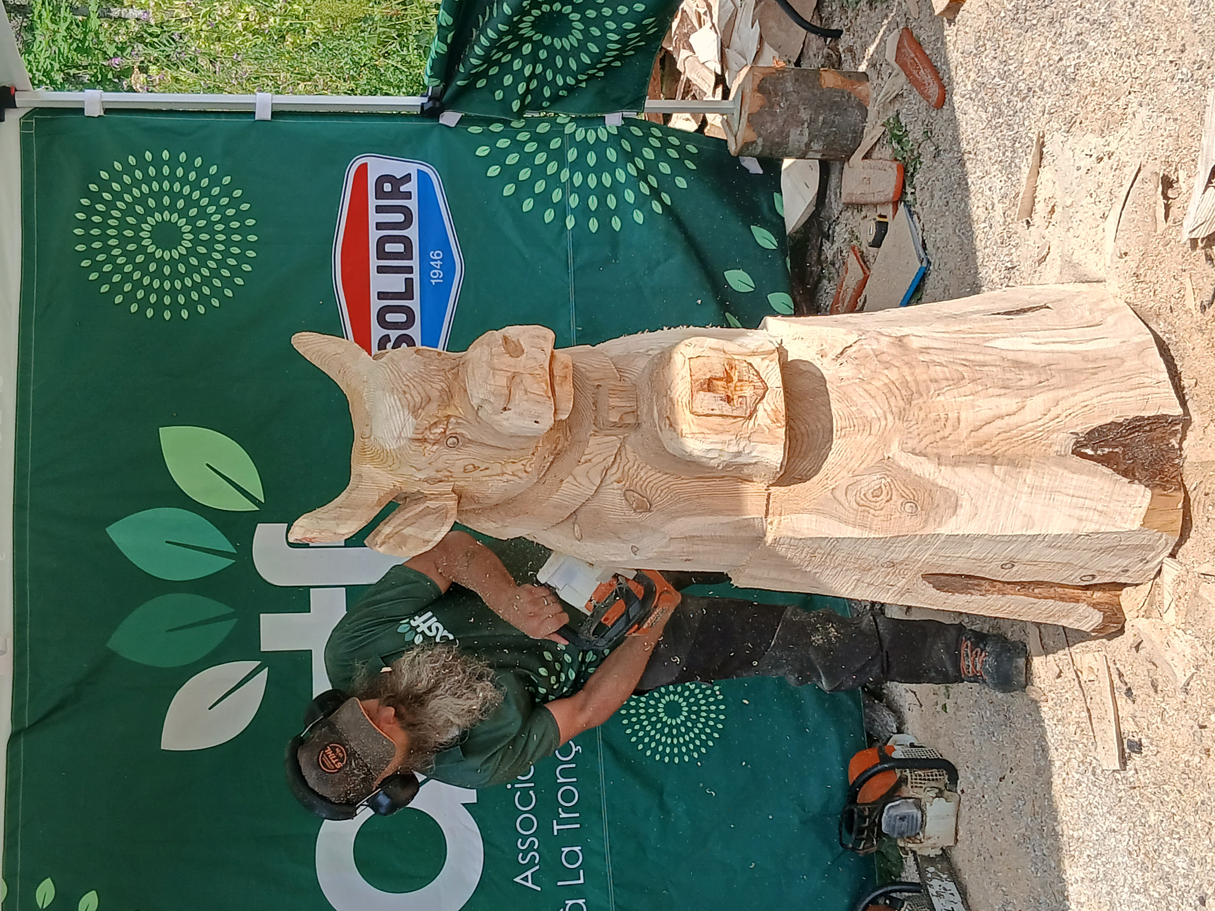 Le sculpteur Sébastien Steffen, portant des équipements de protection, en train d'utiliser une tronçonneuse pour sculpter les détails de la tête d'un animal (bovidé ou cervidé) sur un grand tronc brut lors d'un événement en extérieur.