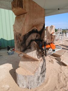 Sébastien Steffen commençant l'ébauche d'une sculpture à la tronçonneuse dans un grand tronc en bois.