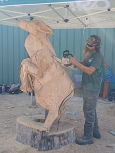 Sébastien Steffen sculptant les volumes d'un cerf cabré dans le bois à l'aide d'une tronçonneuse.