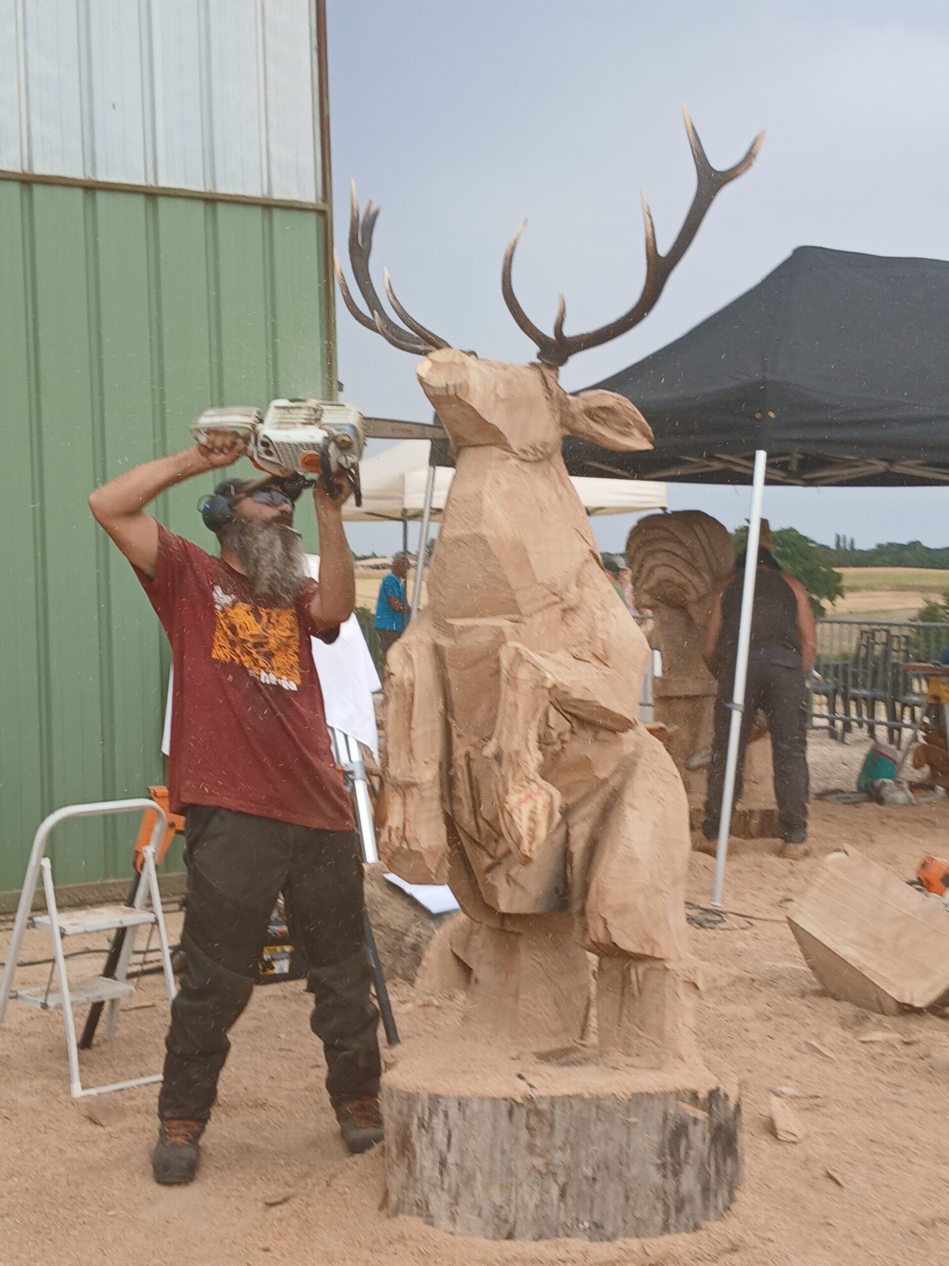 Sébastien Steffen, sculpteur à la tronçonneuse, en train de sculpter un cerf d'une taille impressionnante au 100 ans de l'entreprise MICHON