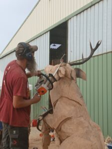 Vue de dos de Sébastien Steffen taillant les bois et la tête du cerf avec une tronçonneuse de précision.