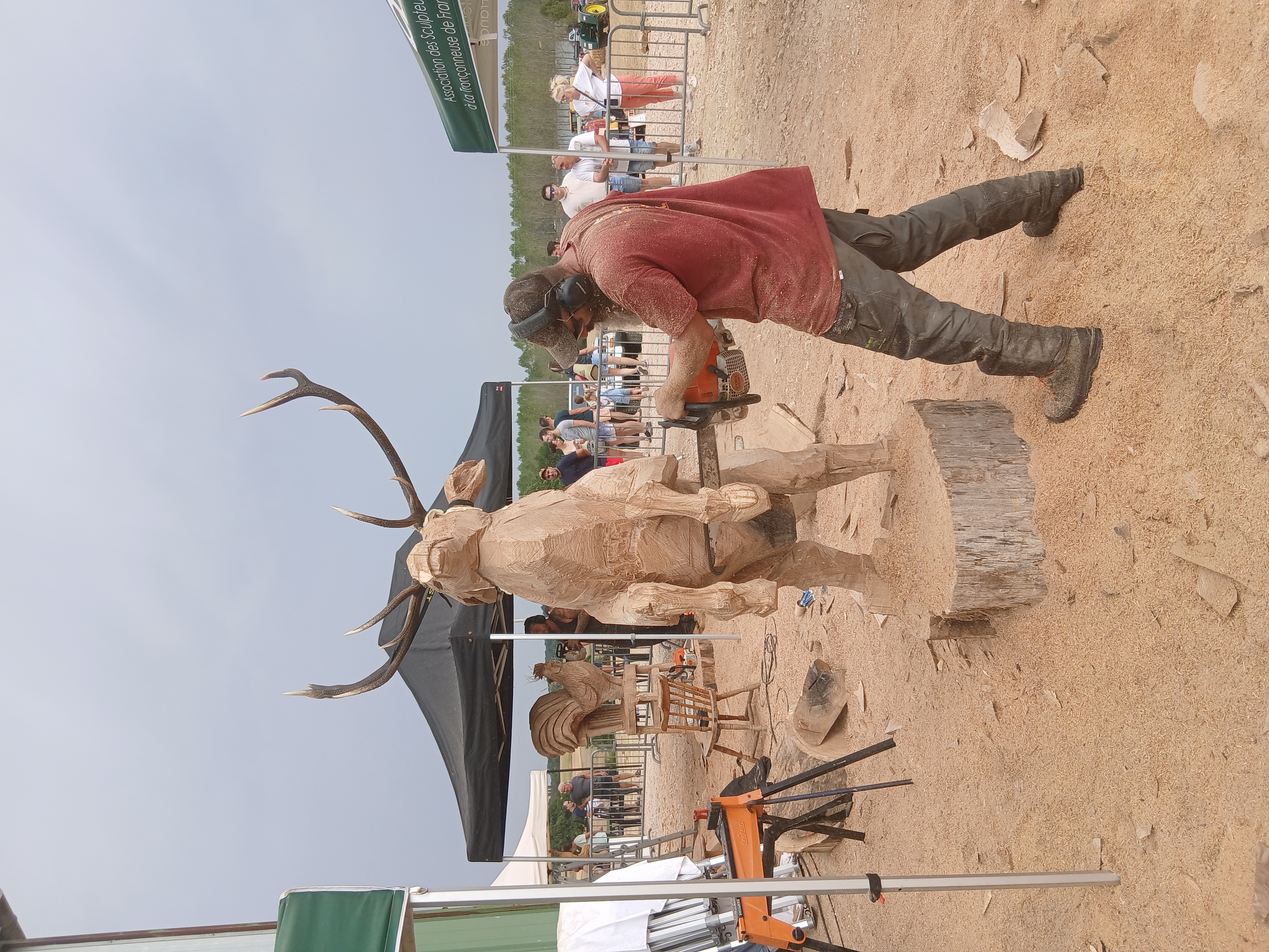 Vue d'ensemble de l'atelier extérieur où Sébastien Steffen réalise sa sculpture monumentale de cerf à la tronçonneuse.